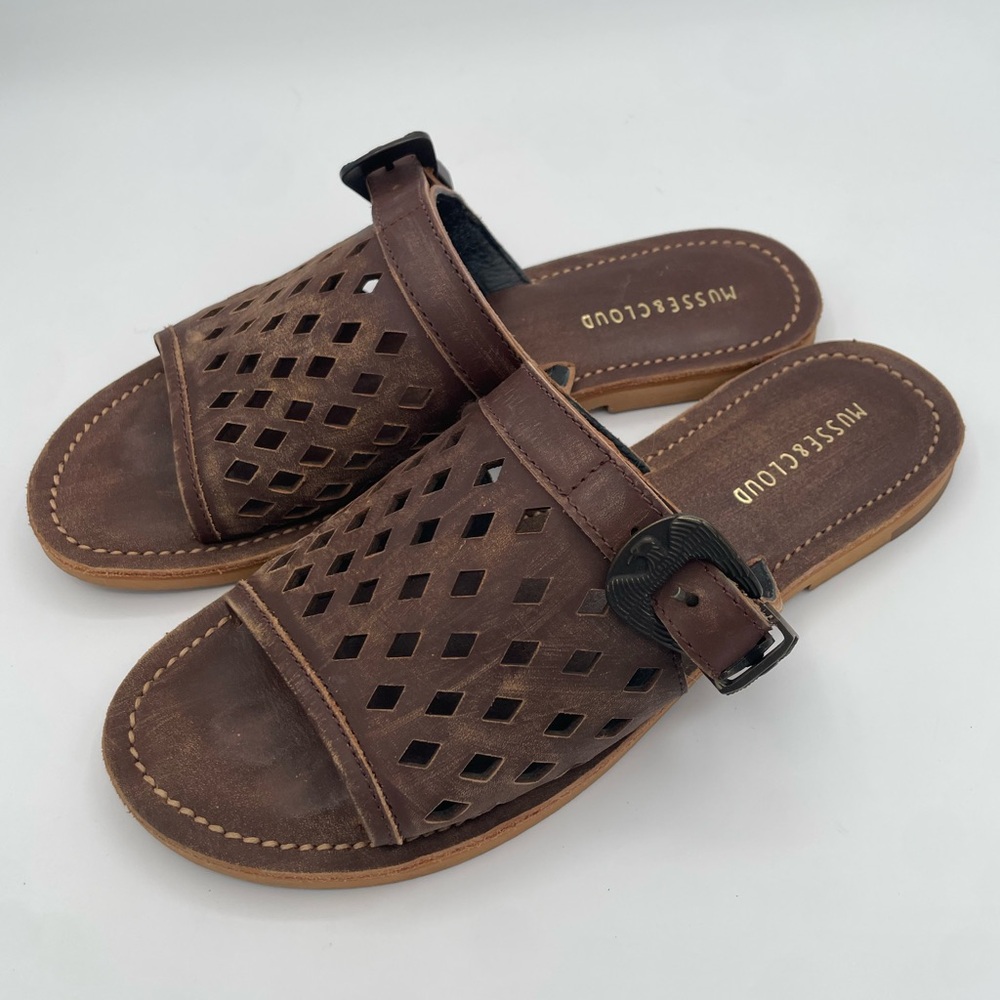 Anthropologie Musse & Cloud Brown Perforated Leather Slip-On Sandals Size 6